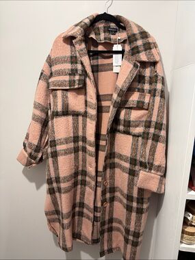 Hers & Mine Pink Plaid Trench Shacket Coat